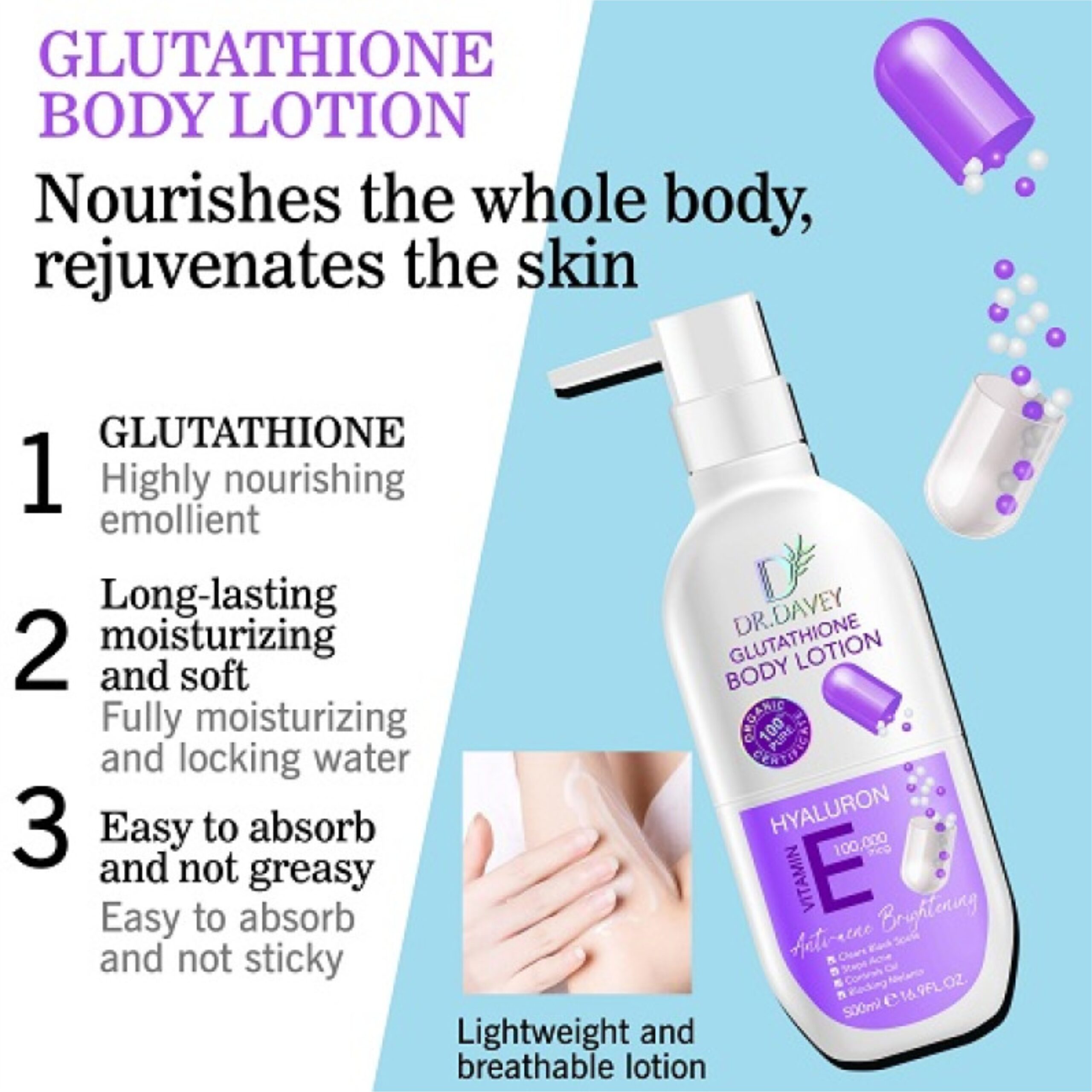 Dr. Davey Glutathione Body Lotion with Hyaluron and Vitamin E – 3 Dr. Davey Glutathione Body Lotion with Hyaluron and Vitamin E – 3